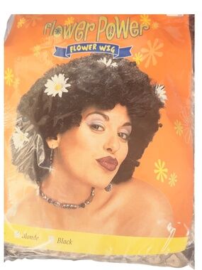 Vintage 2000 Flower Power Daisy Black afro Curly Wig Halloween CosPlay NOS
